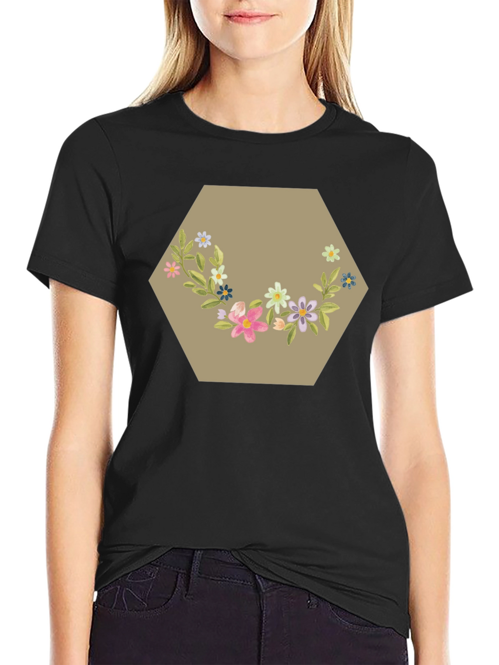 Floral Hexagon Graphic Tee - Black