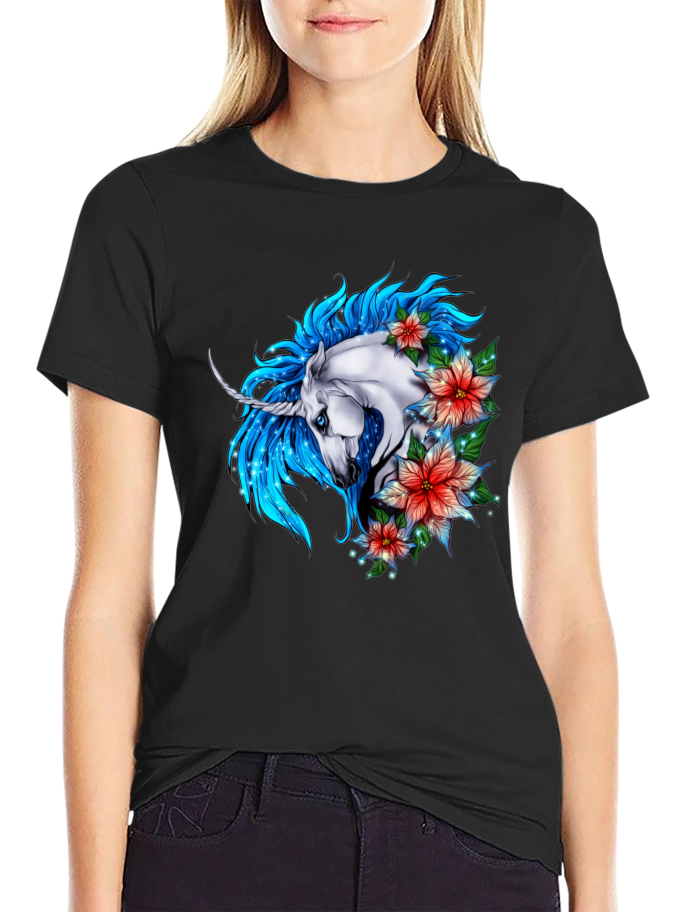 Unicorn Floral Graphic Tee - Stylish Mens Black T-Shirt