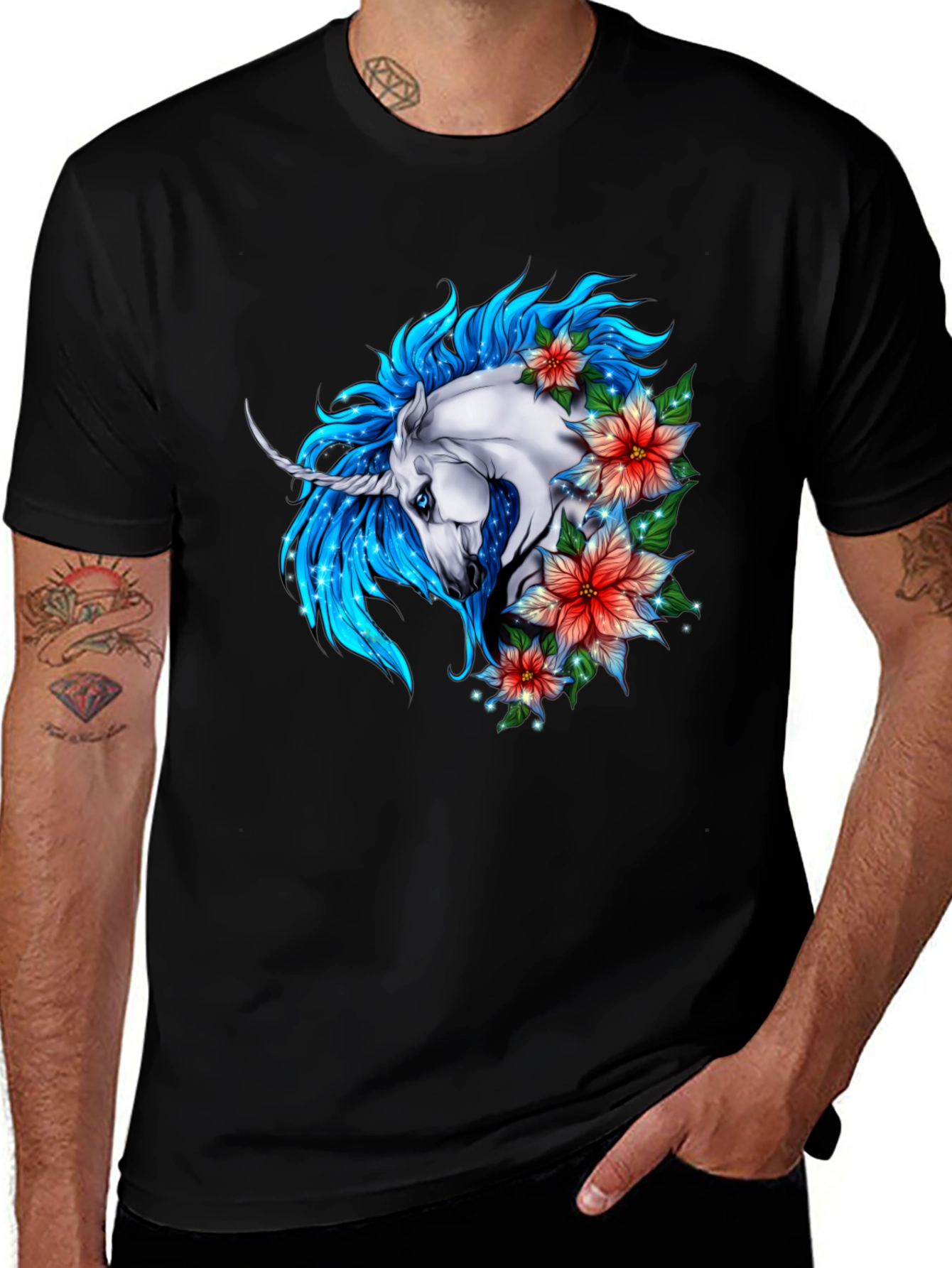 Unicorn Floral Graphic Tee - Stylish Mens Black T-Shirt