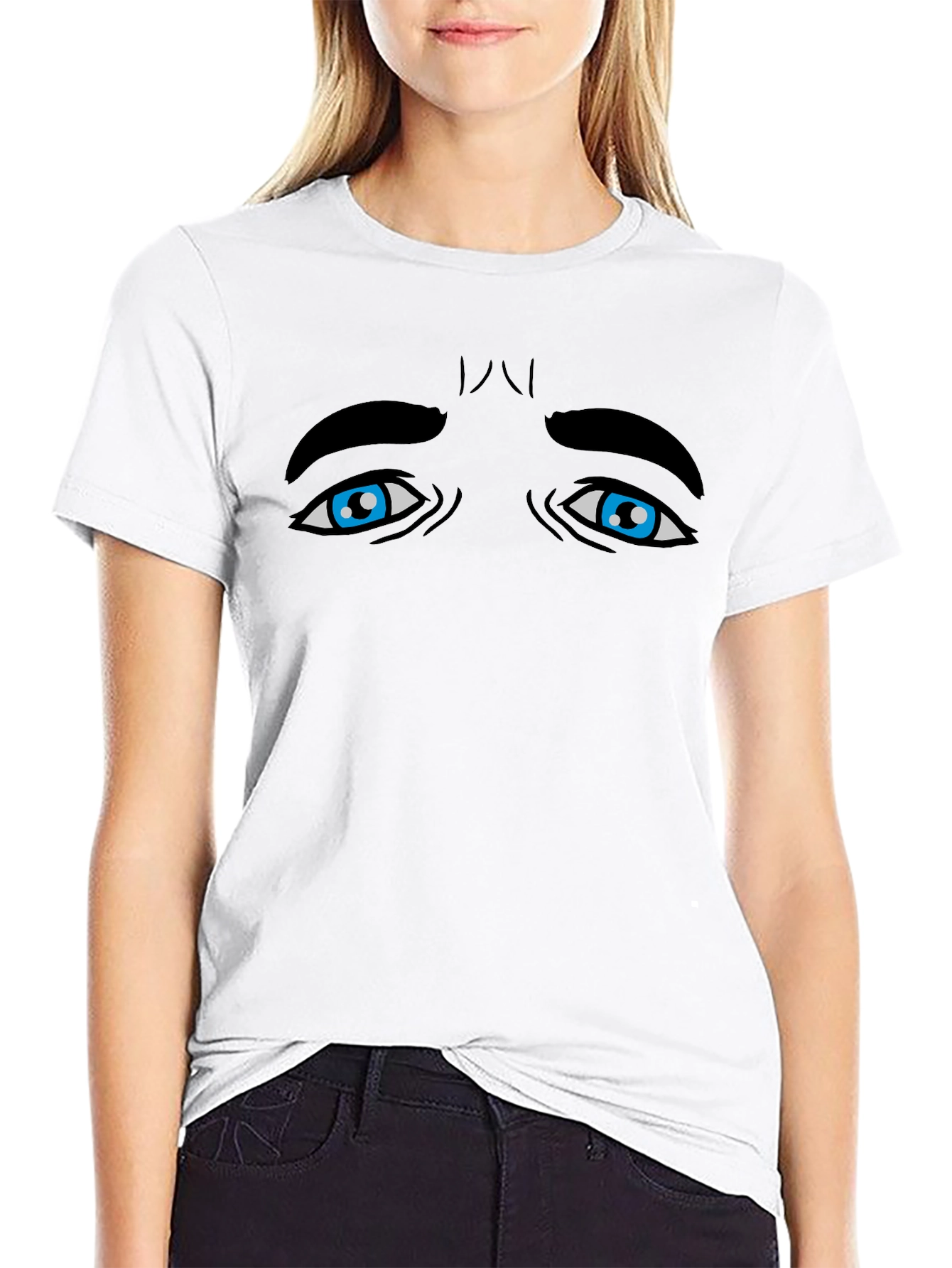 Expressive Blue Eyes Graphic Tee - Black Cotton