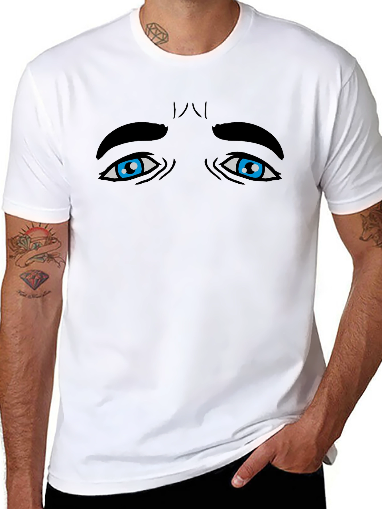 Expressive Blue Eyes Graphic Tee - Black Cotton