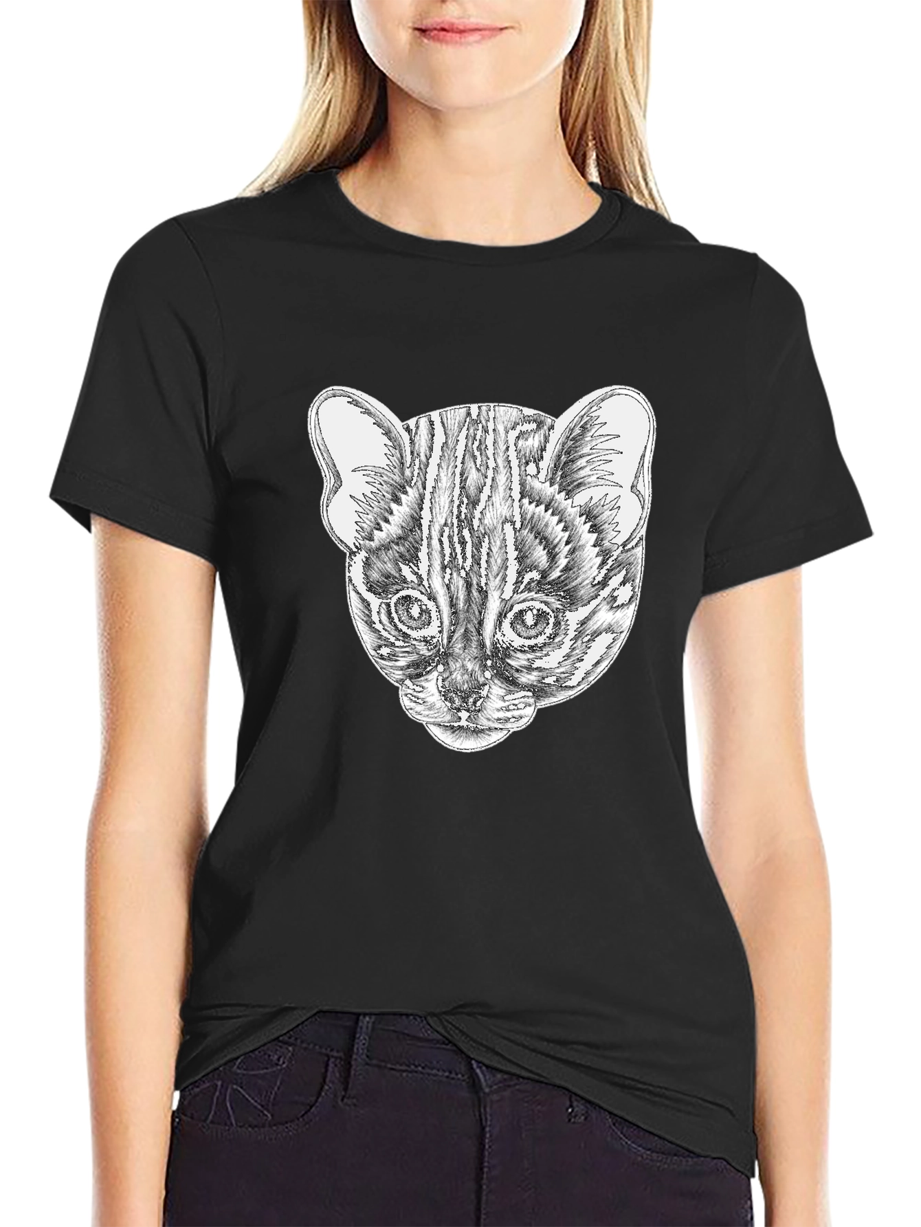 Stylish Black T-Shirt with Cat Portrait Design