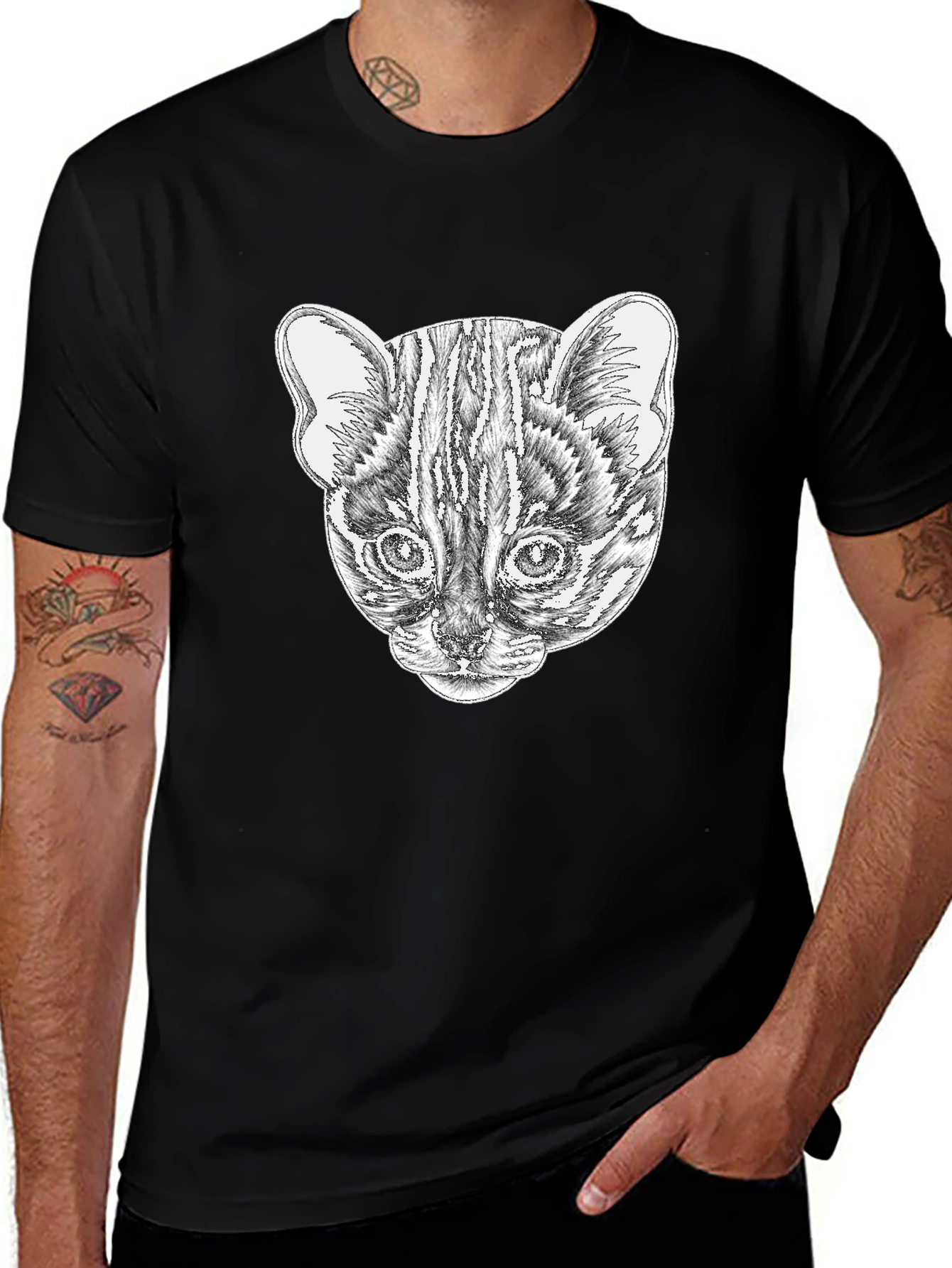 Stylish Black T-Shirt with Cat Portrait Design