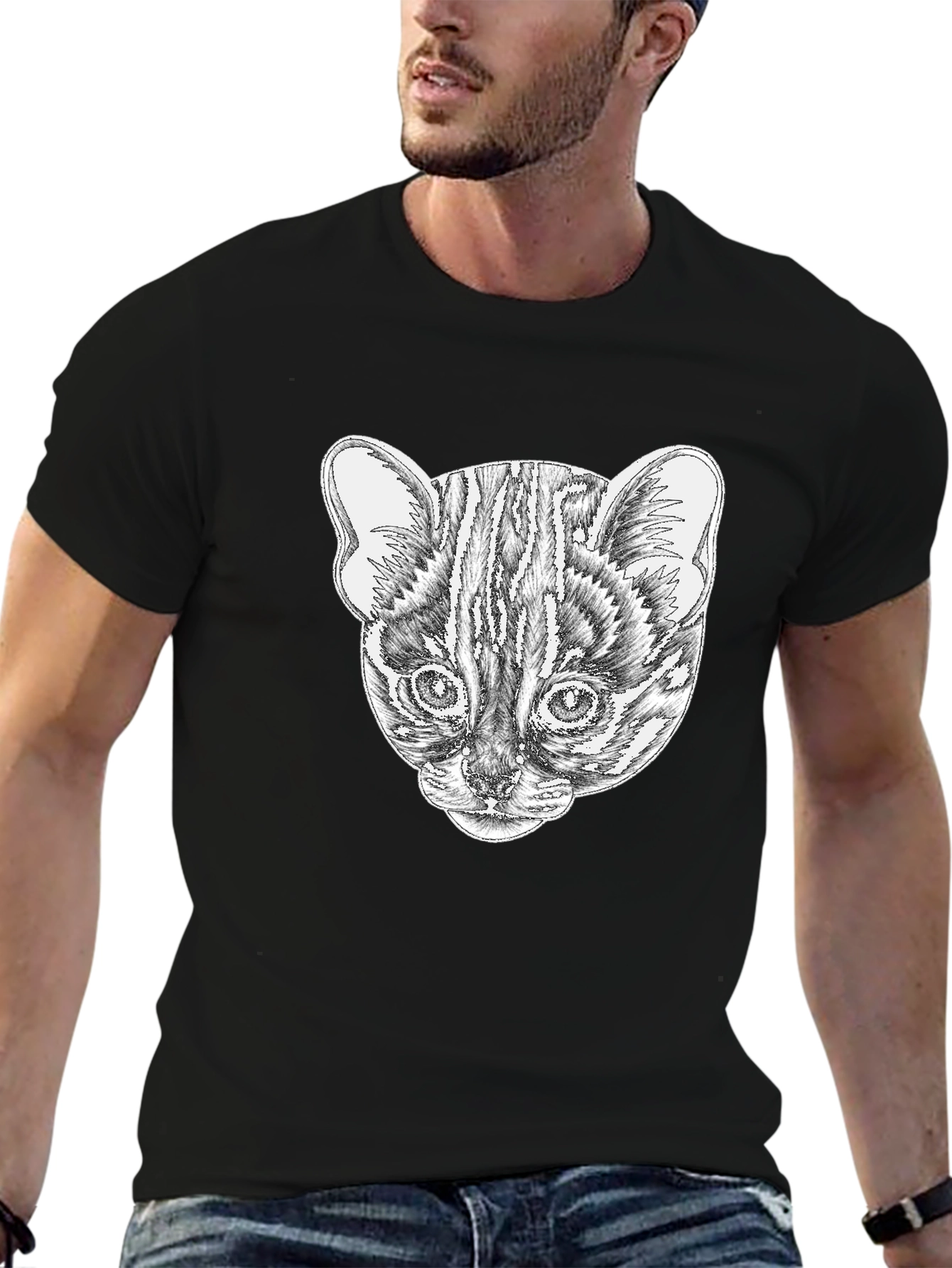 Stylish Black T-Shirt with Cat Portrait Design