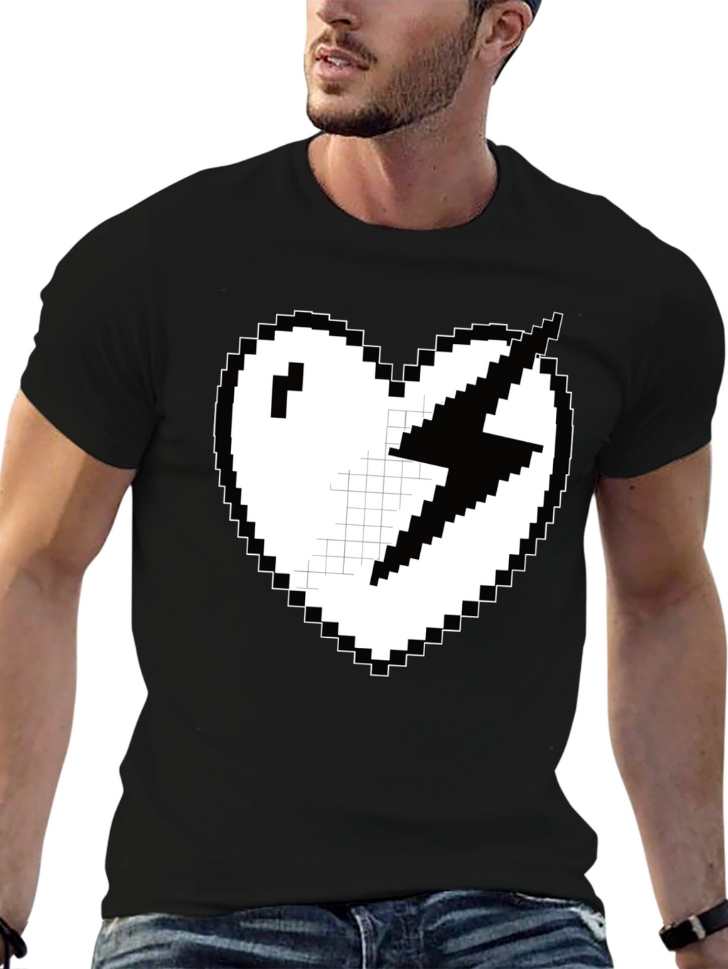 Pixel Heart Lightning Bolt Graphic Tee - Black