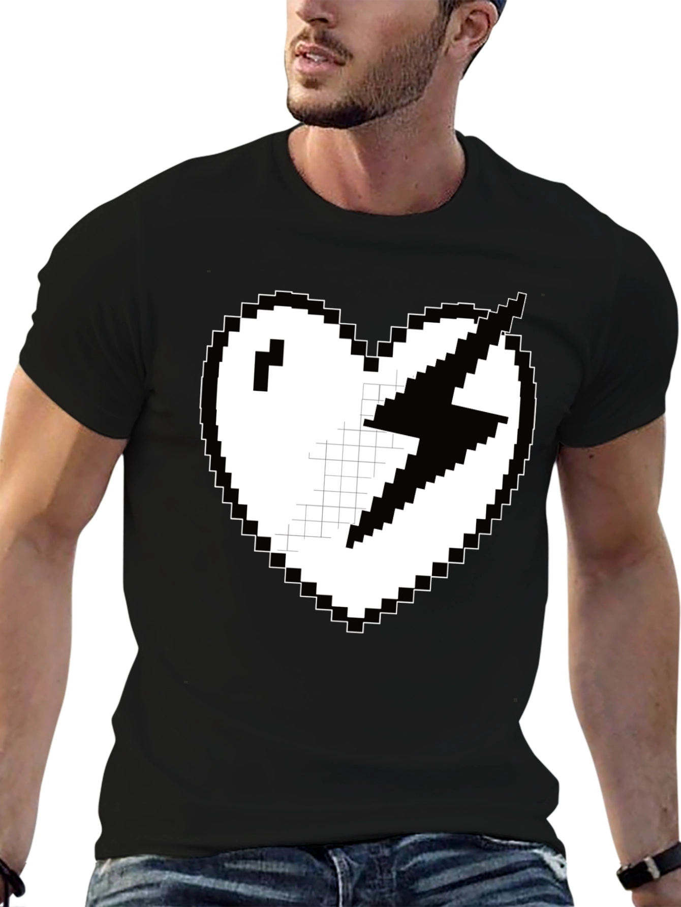 Pixel Heart Lightning Bolt Graphic Tee - Black