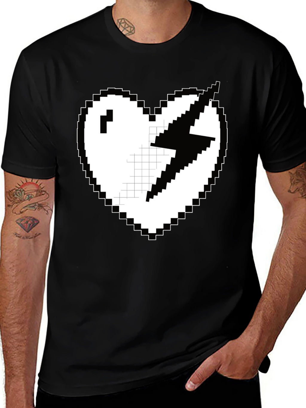 Pixel Heart Lightning Bolt Graphic Tee - Black