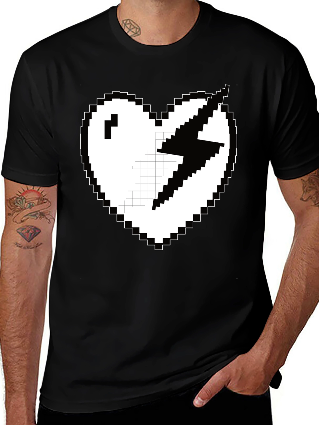 Pixel Heart Lightning Bolt Graphic Tee - Black