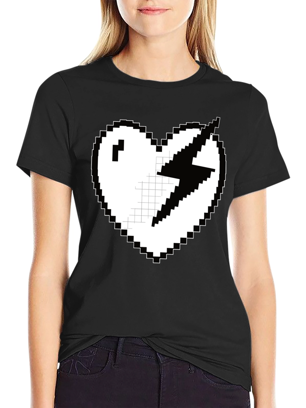 Pixel Heart Lightning Bolt Graphic Tee - Black