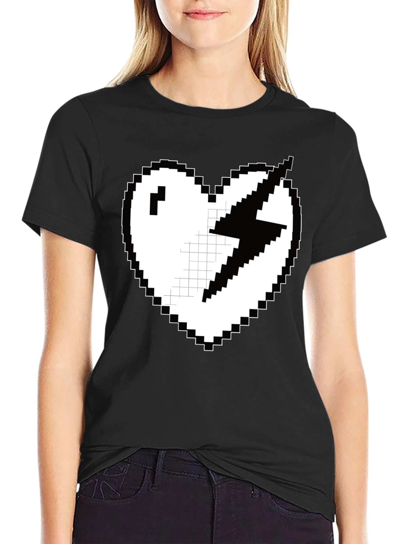 Pixel Heart Lightning Bolt Graphic Tee - Black