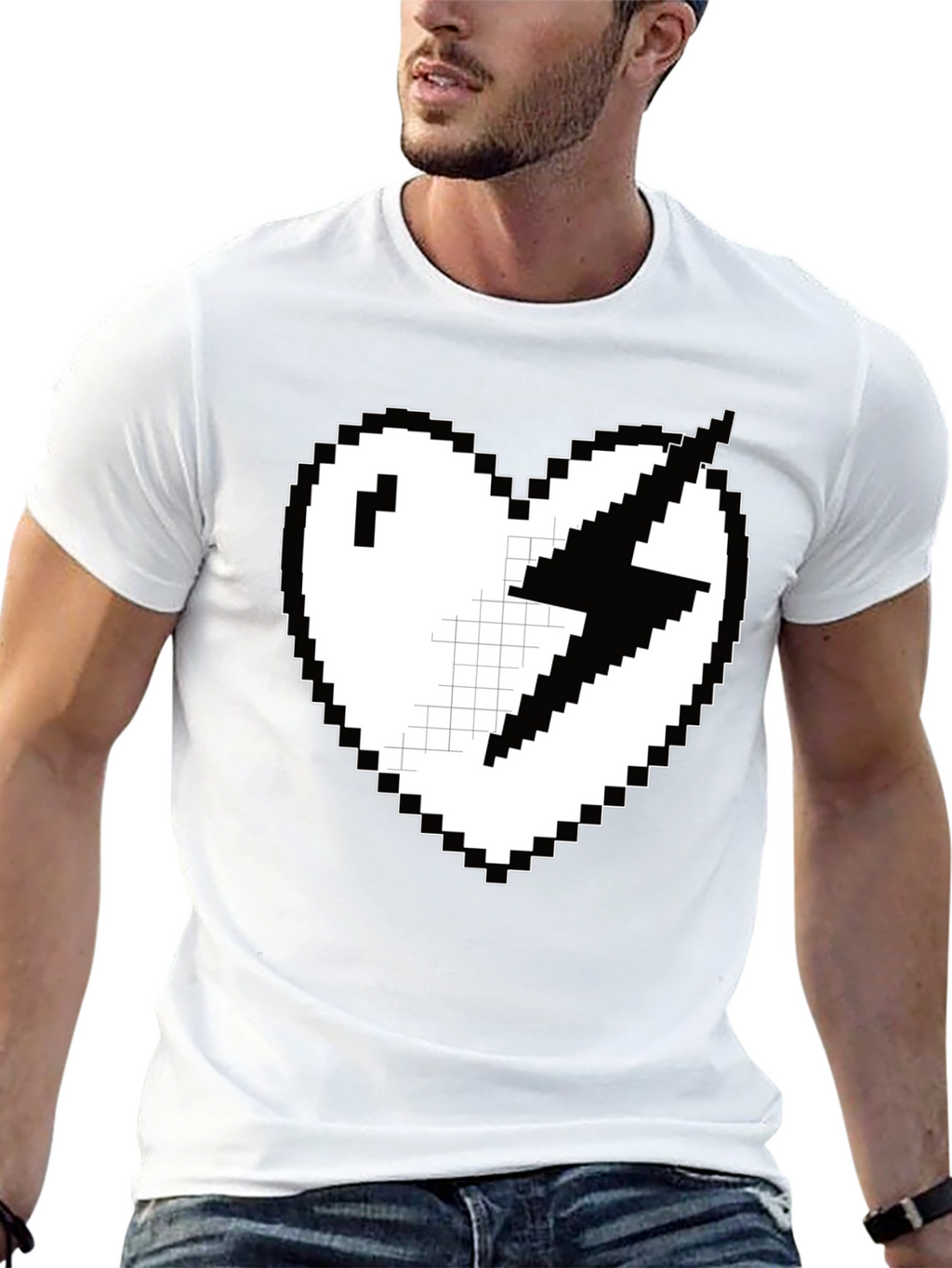Pixel Heart Lightning Bolt Graphic Tee - Black