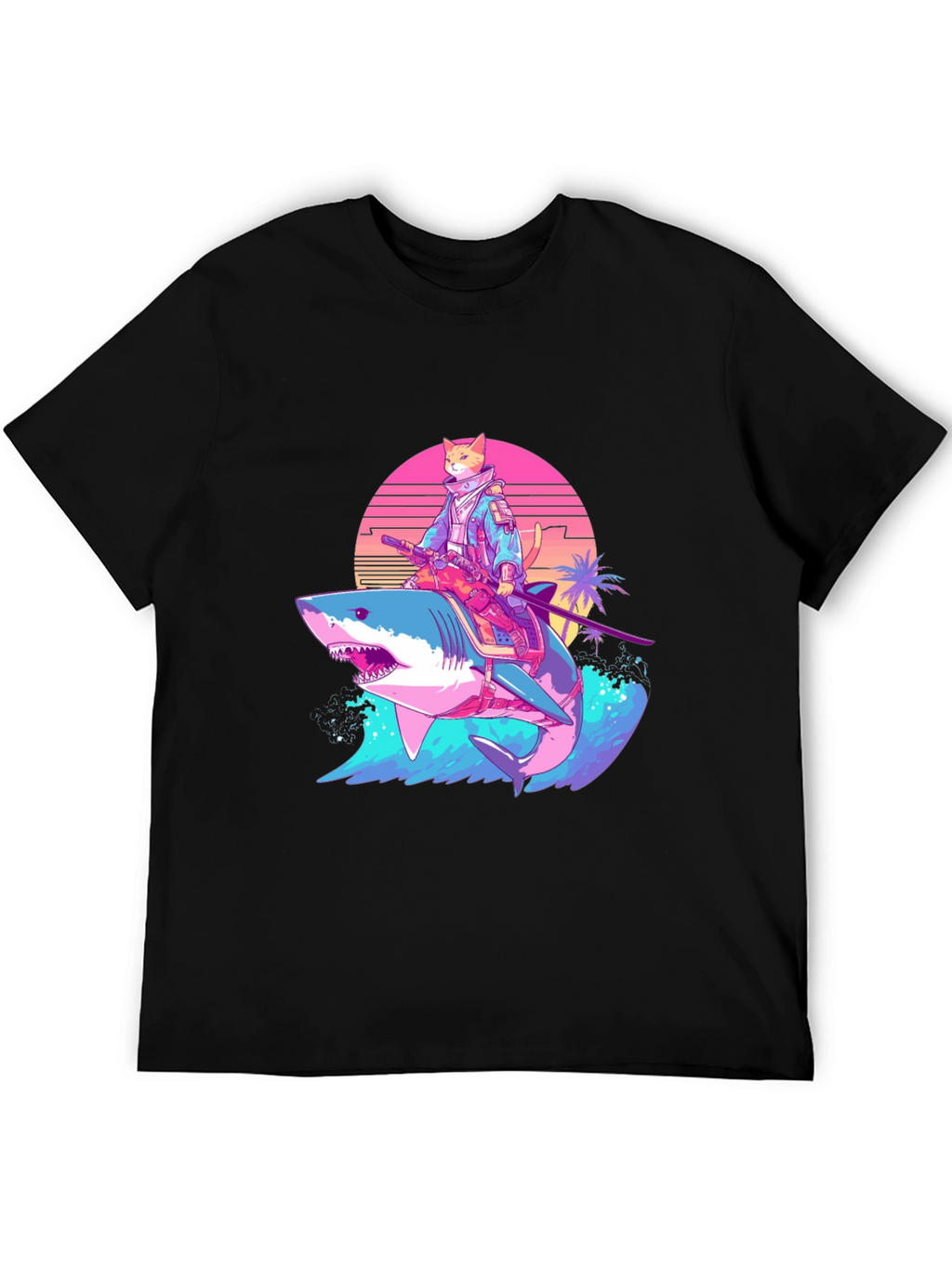 Cat Samurai Riding Shark T-Shirt
