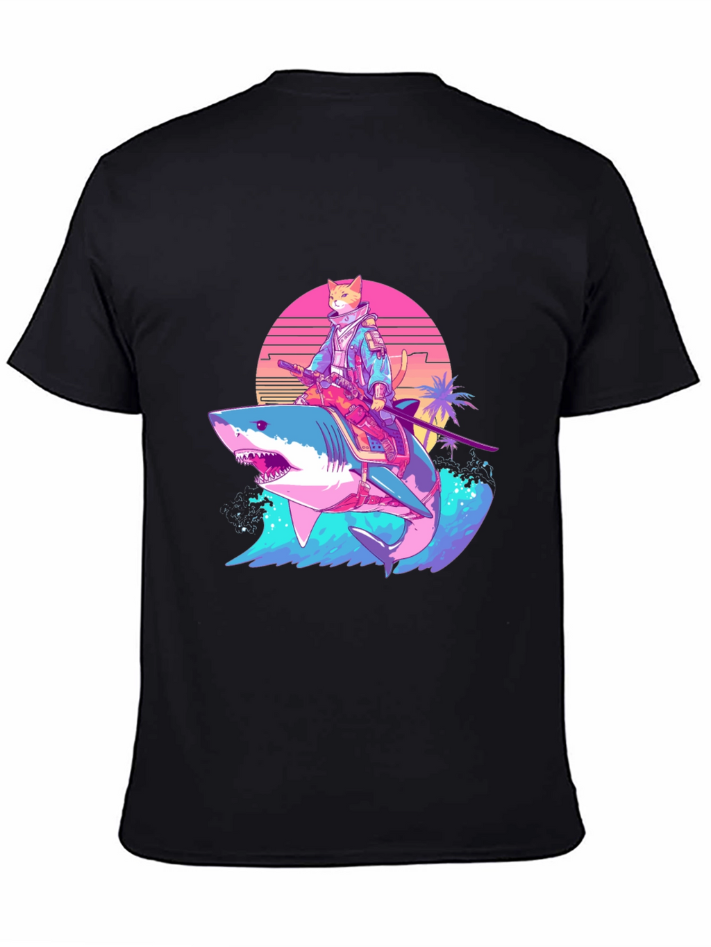 Cat Samurai Riding Shark T-Shirt