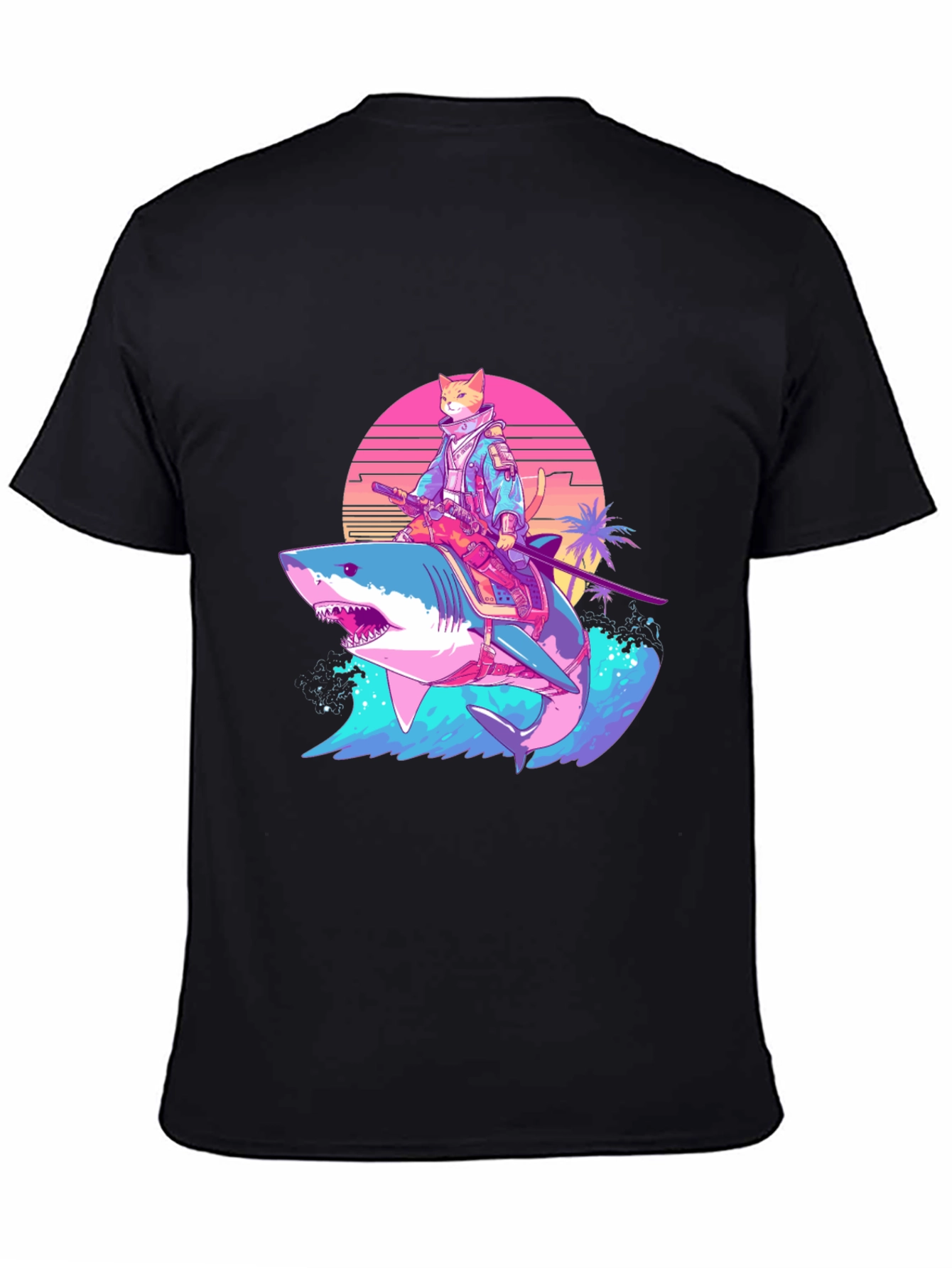 Cat Samurai Riding Shark T-Shirt
