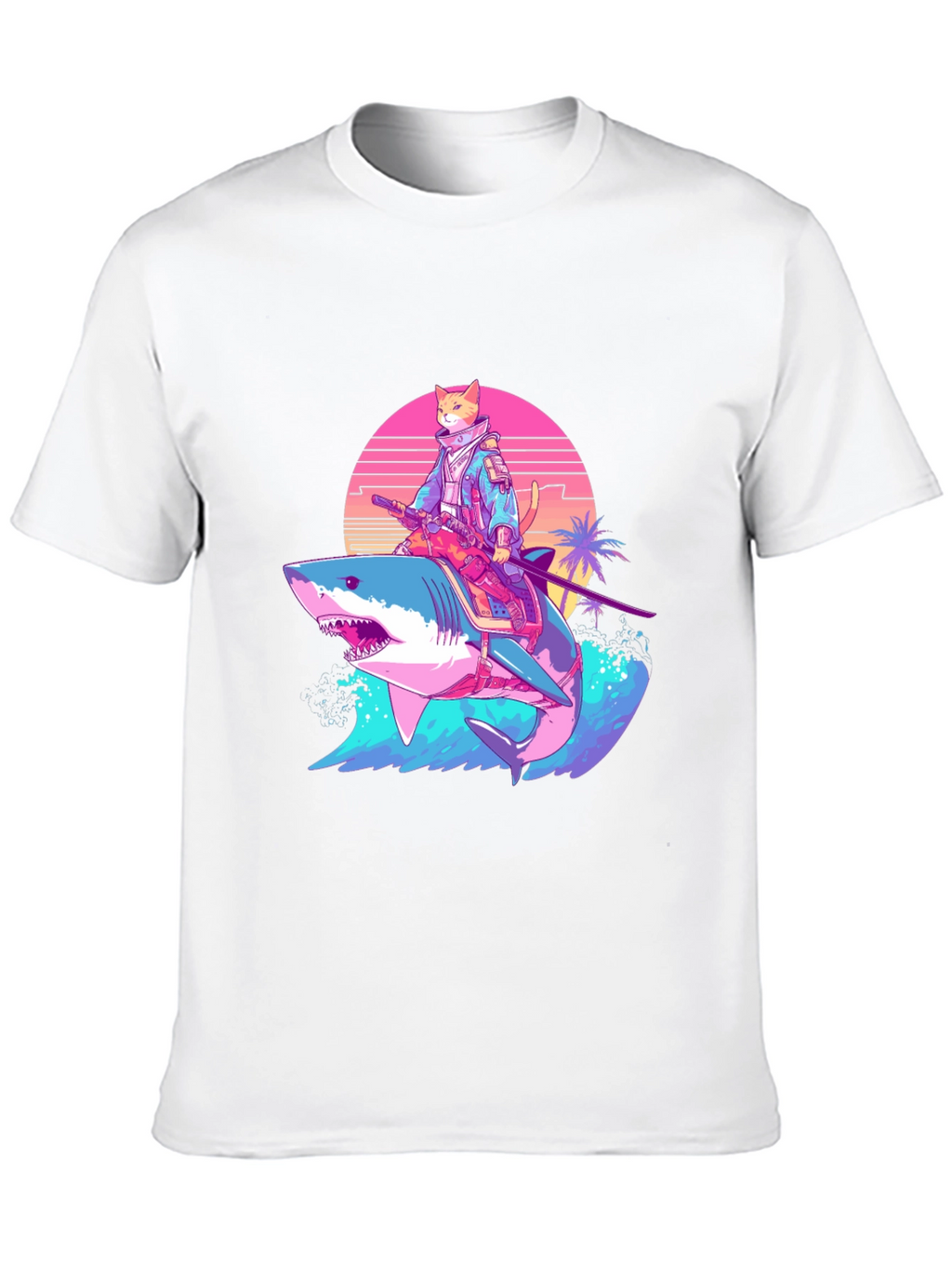 Cat Samurai Riding Shark T-Shirt