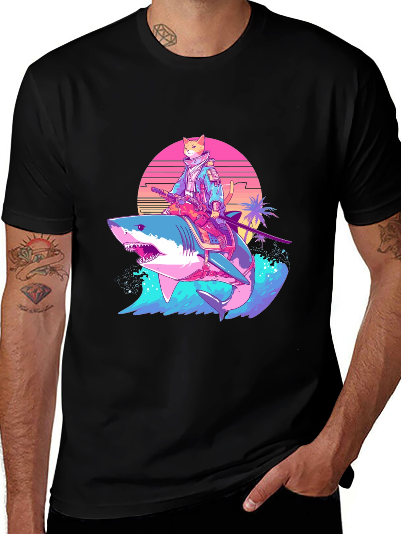 Cat Samurai Riding Shark T-Shirt