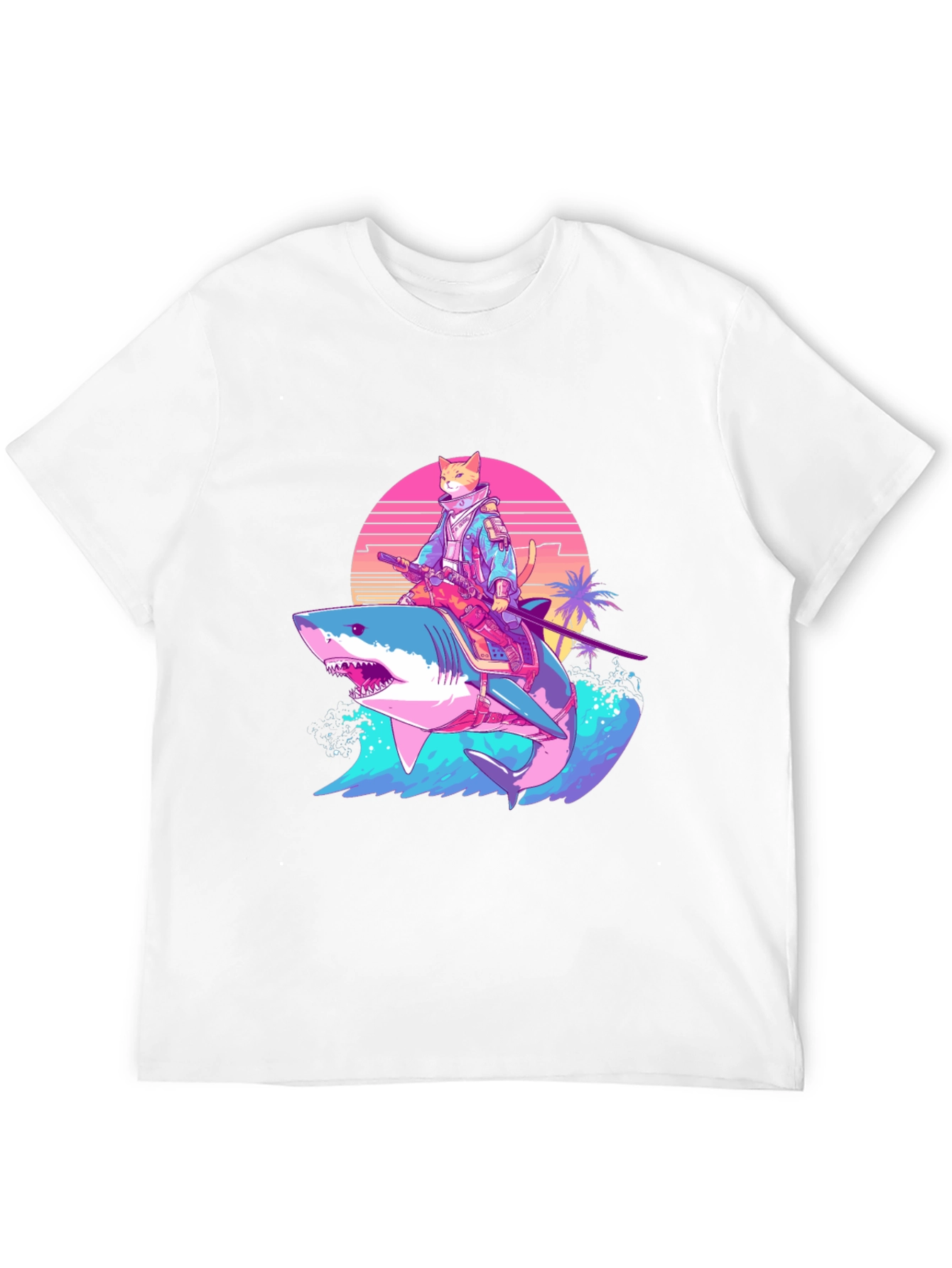 Cat Samurai Riding Shark T-Shirt