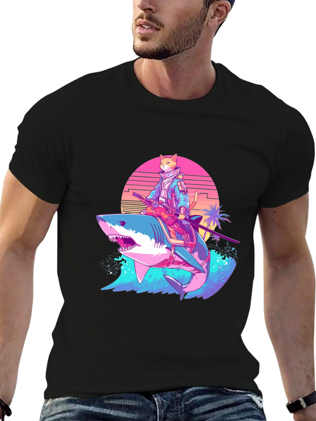 Cat Samurai Riding Shark T-Shirt