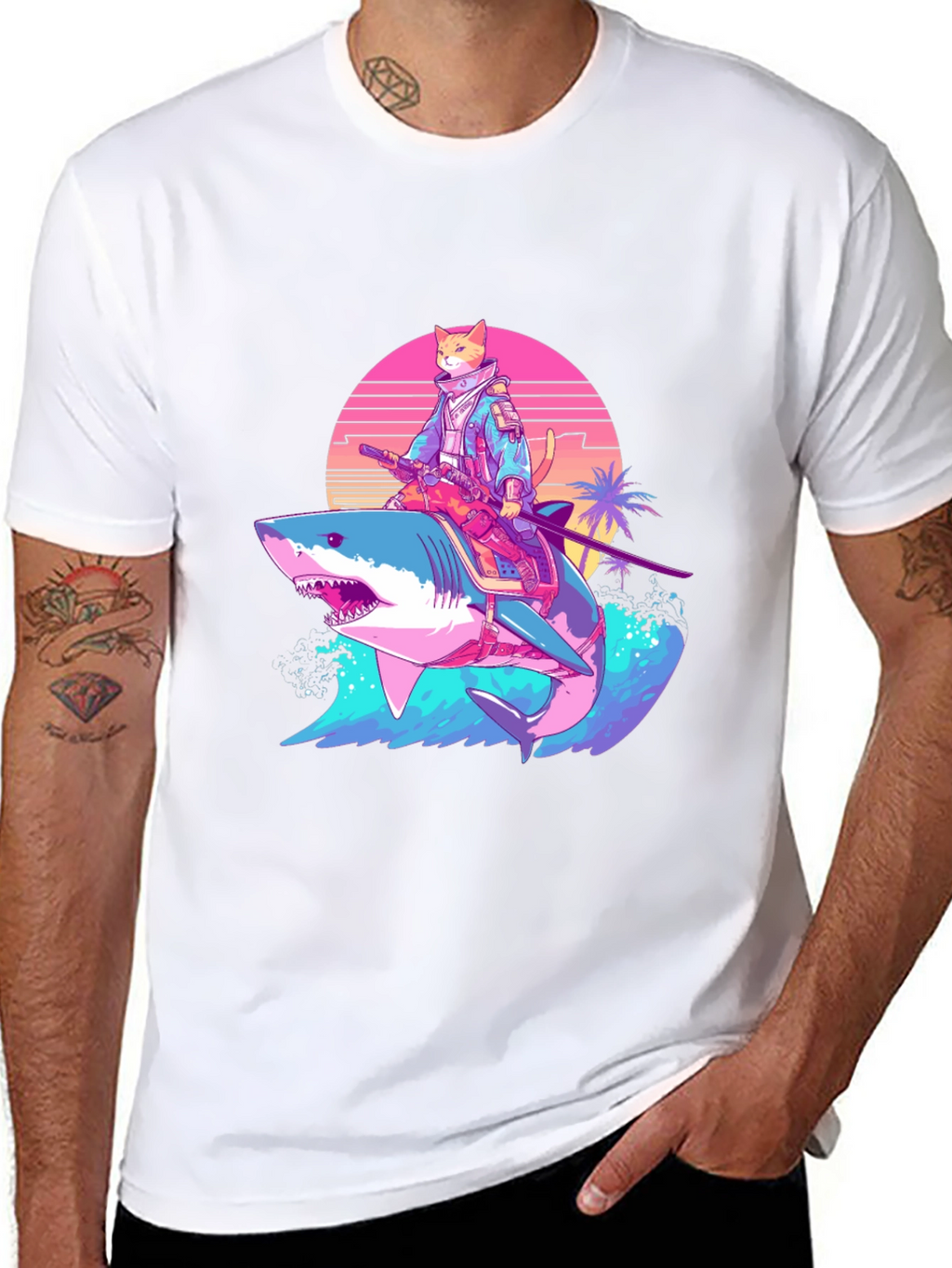 Cat Samurai Riding Shark T-Shirt