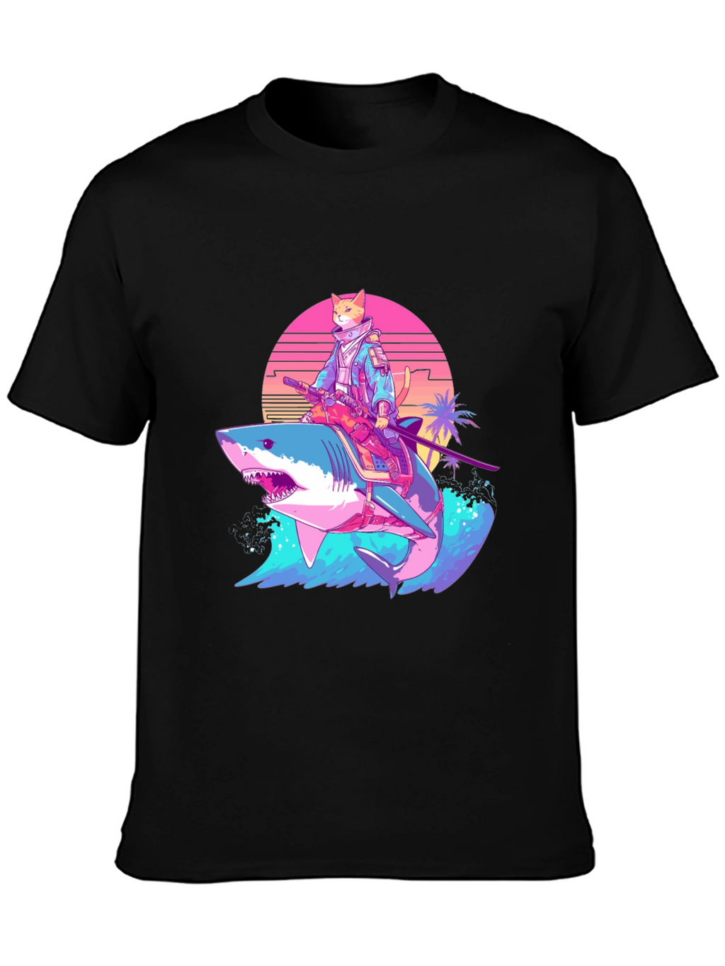 Cat Samurai Riding Shark T-Shirt