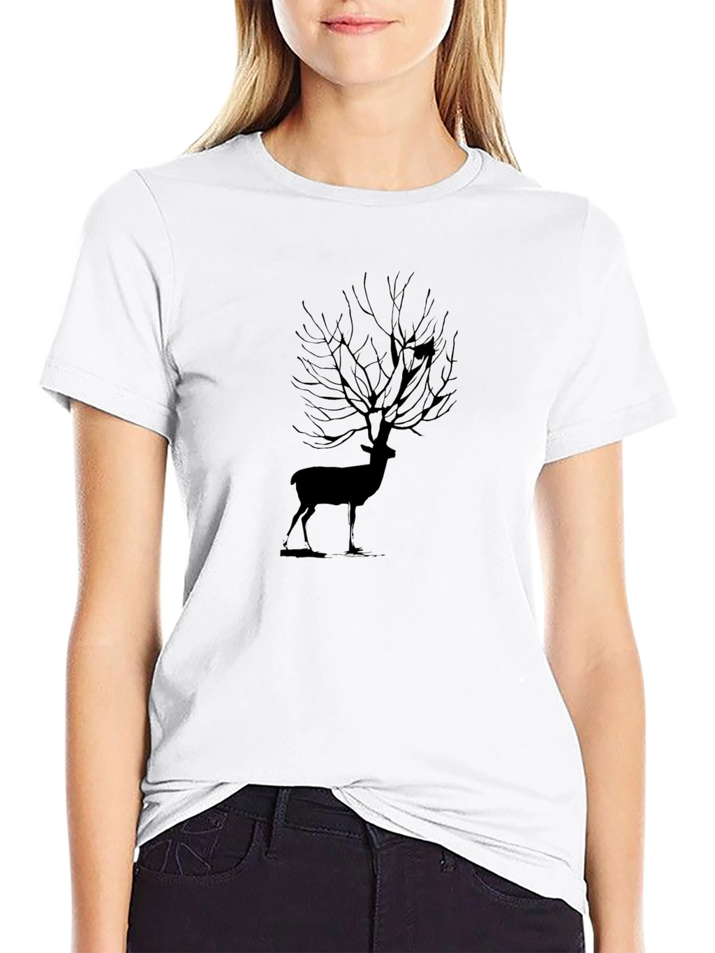 Nature Deer Tree Black T-Shirt