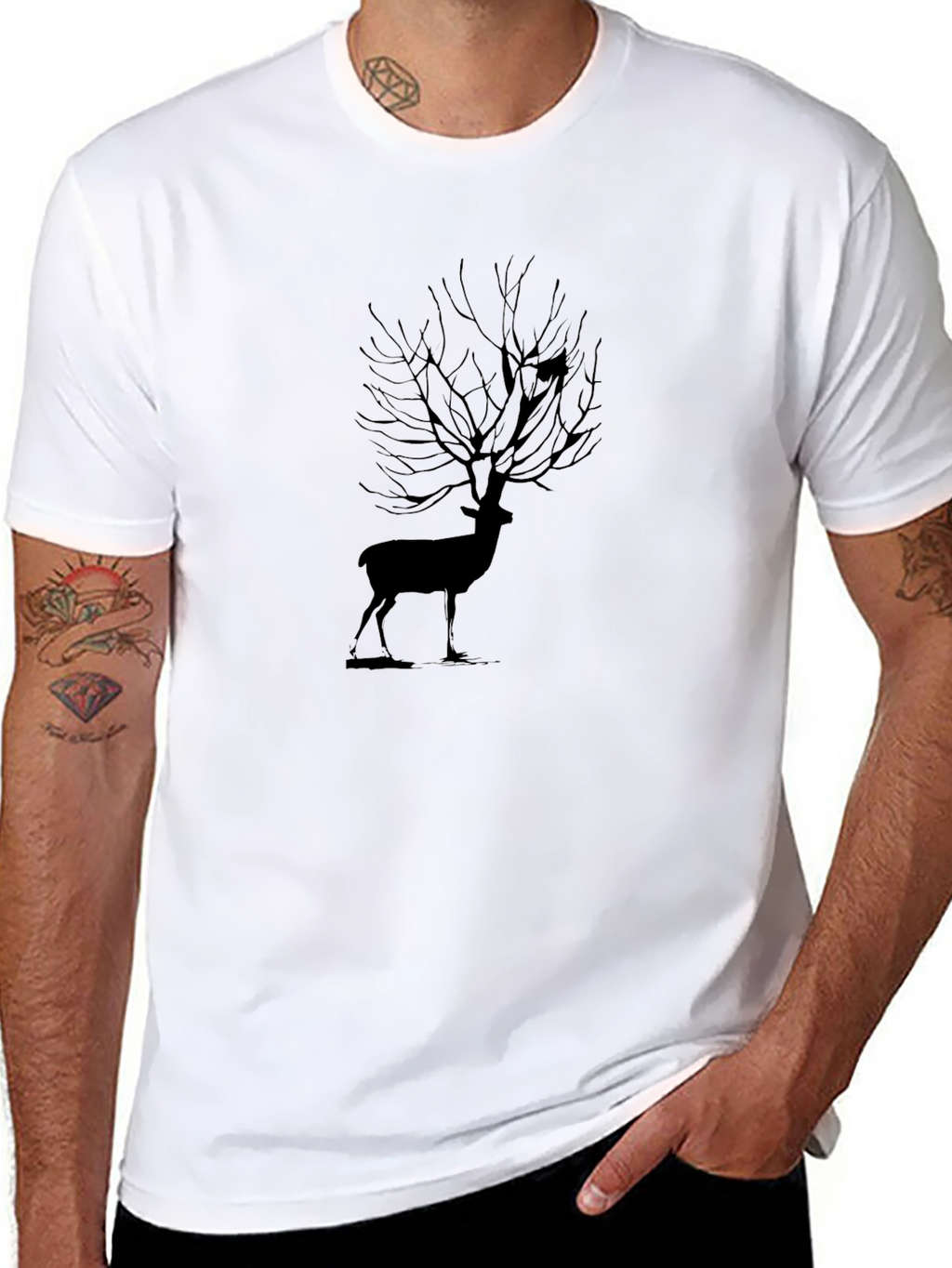 Nature Deer Tree Black T-Shirt