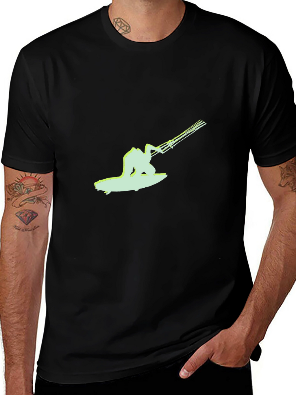Black T-Shirt with Surfing Graphic