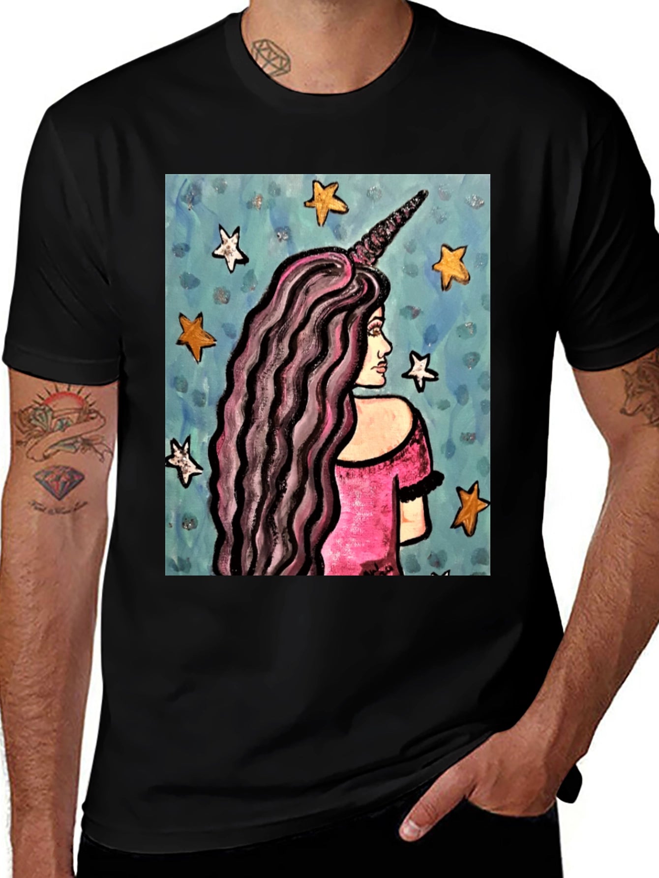 Unicorn Girl Graphic Tee - Black Cotton T-Shirt