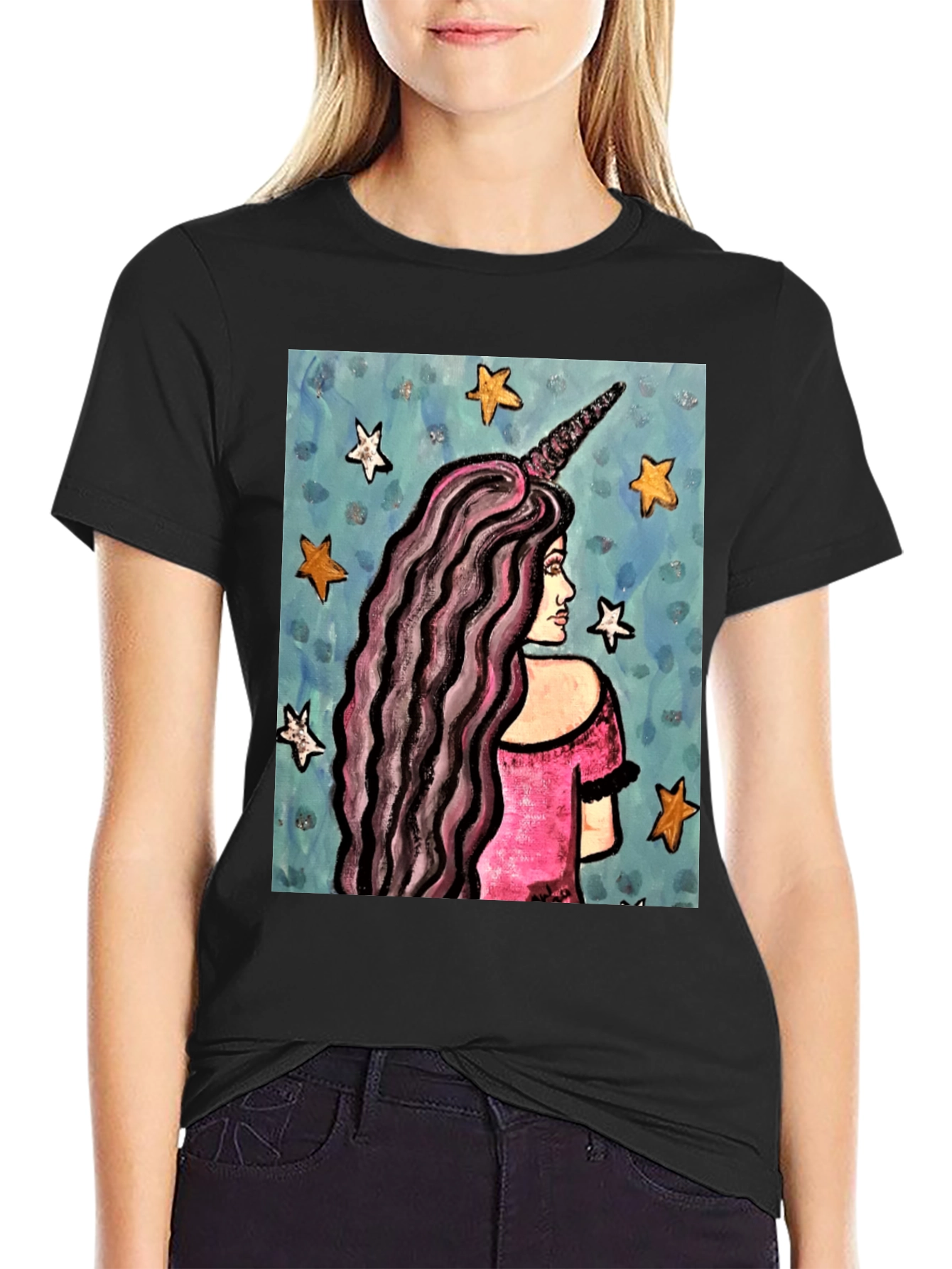 Unicorn Girl Graphic Tee - Black Cotton T-Shirt