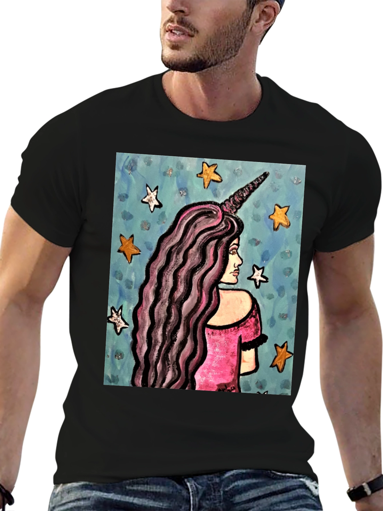Unicorn Girl Graphic Tee - Black Cotton T-Shirt
