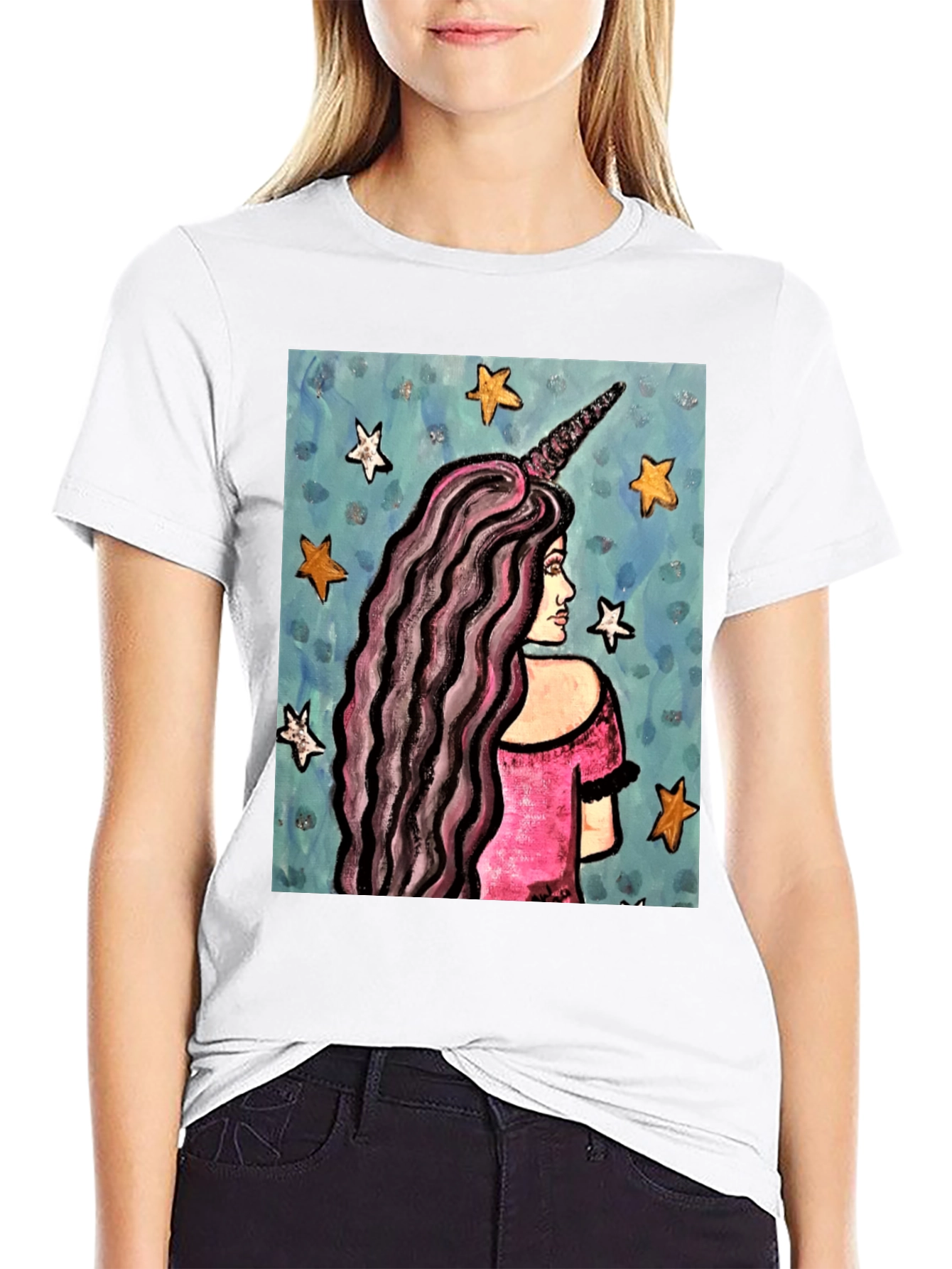Unicorn Girl Graphic Tee - Black Cotton T-Shirt