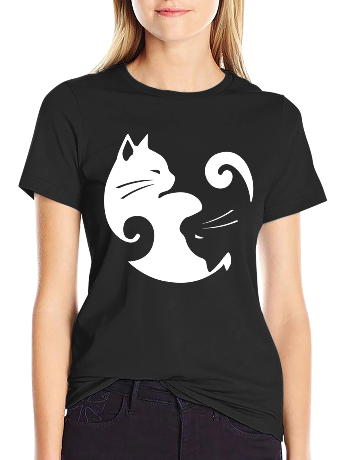 Yin Yang Cats Black T-Shirt - Stylish Balance