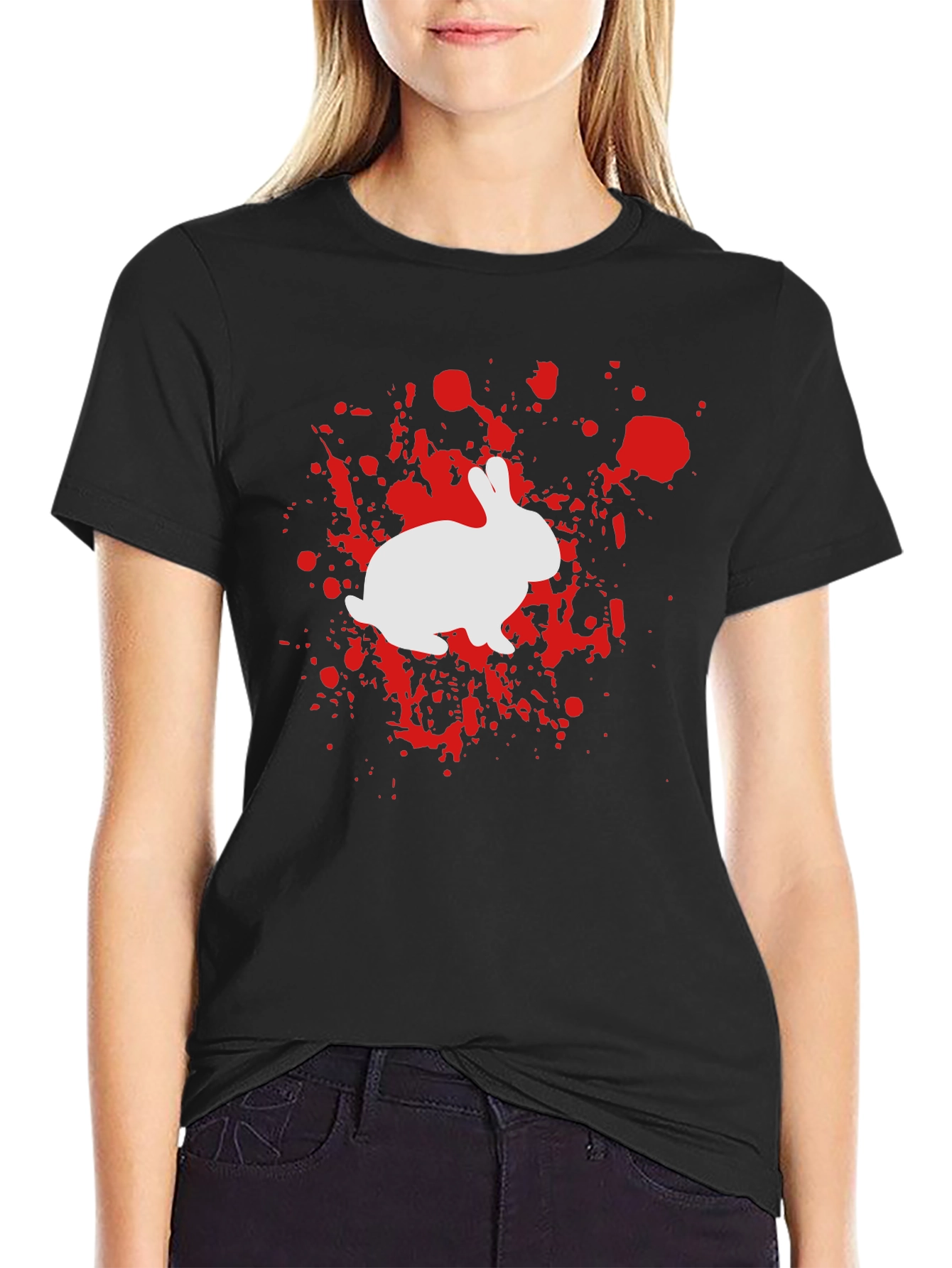 Rabbit Splatter Graphic Tee - Black Cotton Shirt