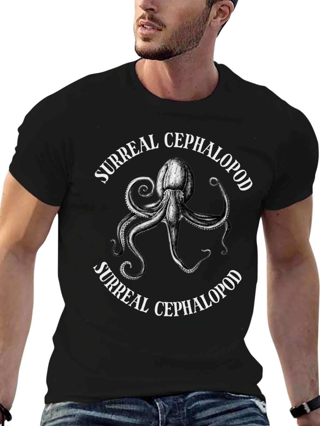 Surreal Cephalopod Graphic Tee - Black Cotton T-Shirt