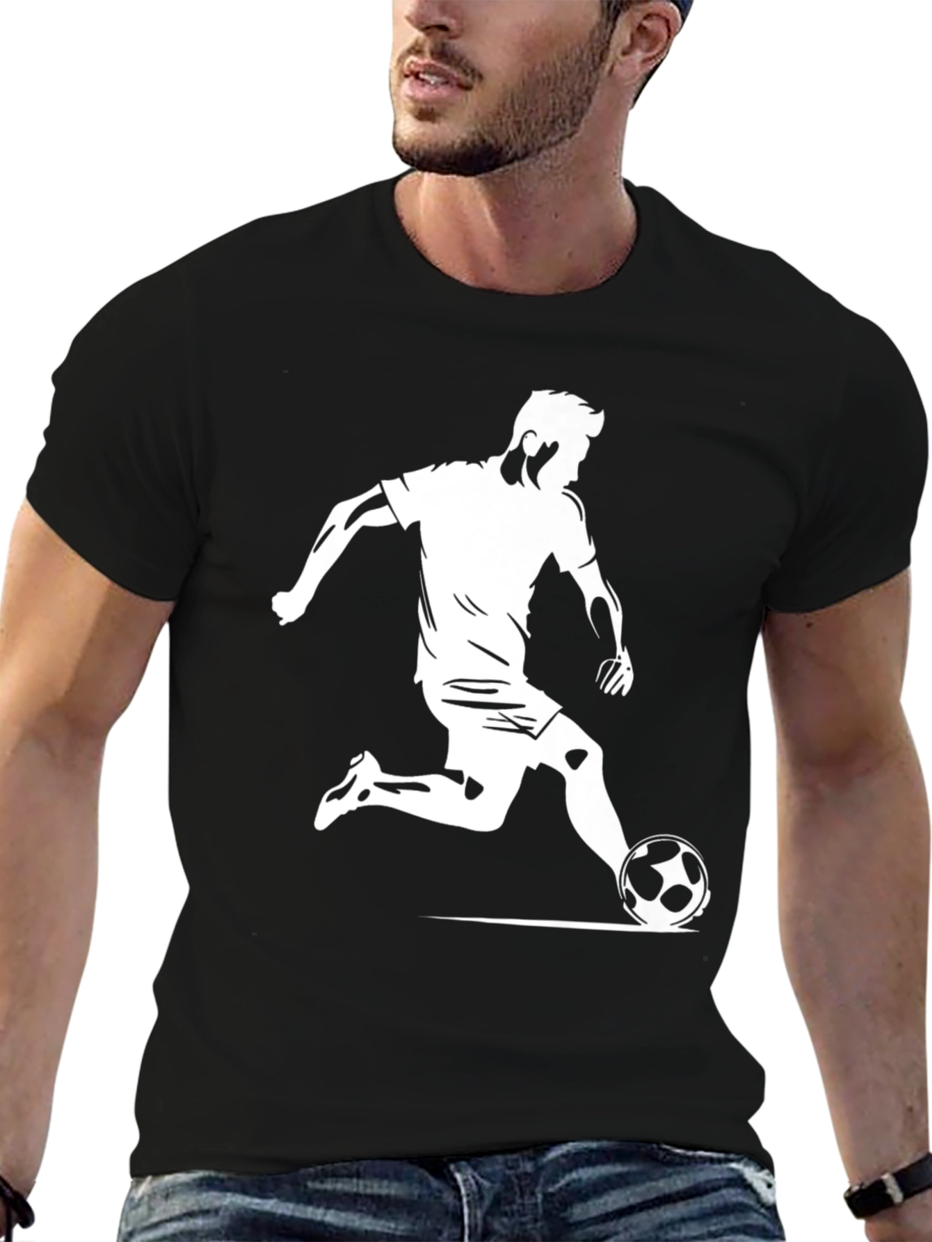 Soccer Player Graphic Tee - Black Cotton T-Shirt