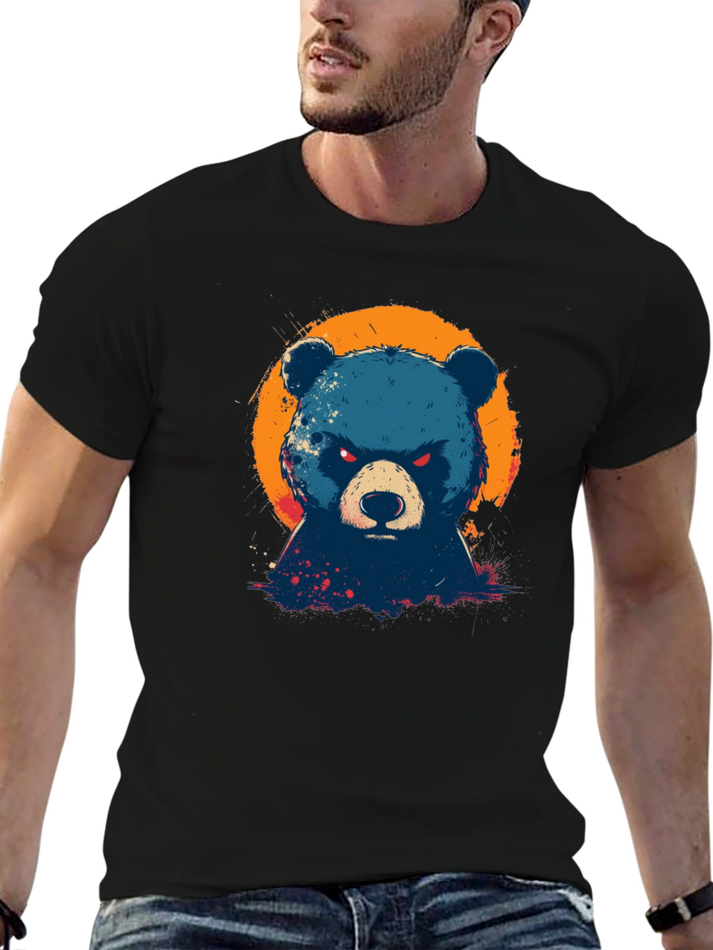 Mens Black T-Shirt with Bear Graphic