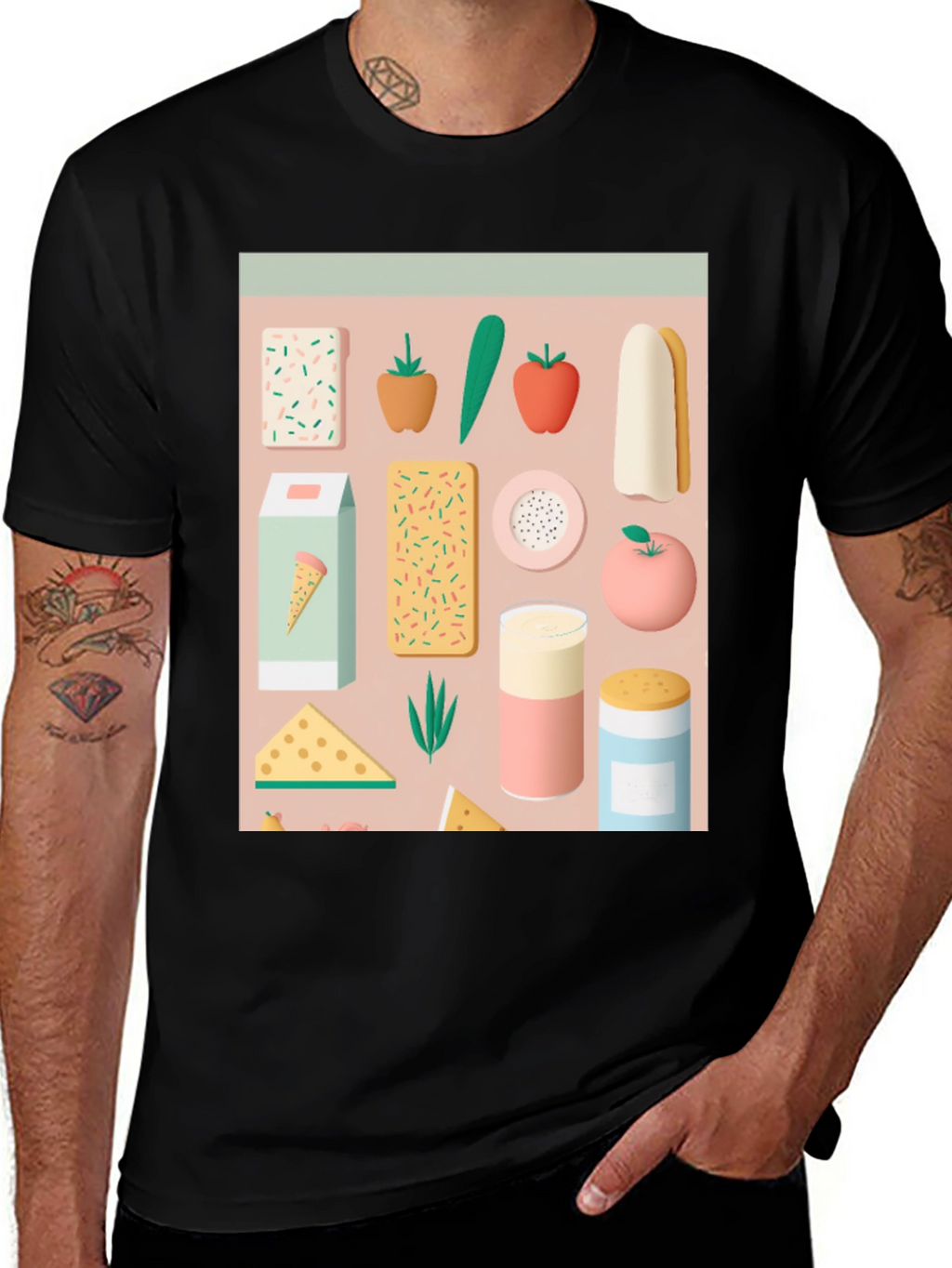 Fun Food Pattern Black T-Shirt