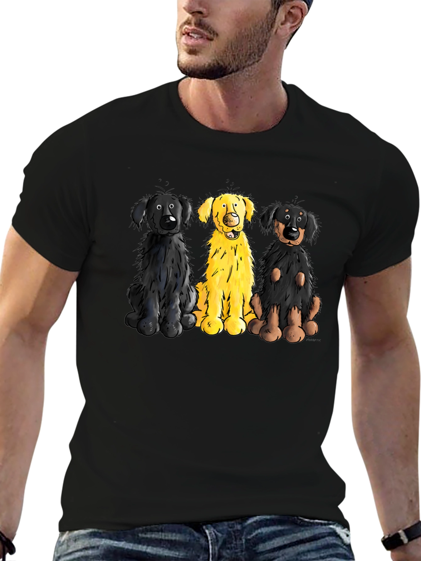 Cartoon Dog Trio Graphic Black T-Shirt