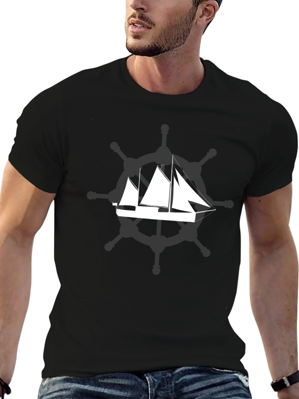Mens Black T-Shirt with Sailboat Graphic
