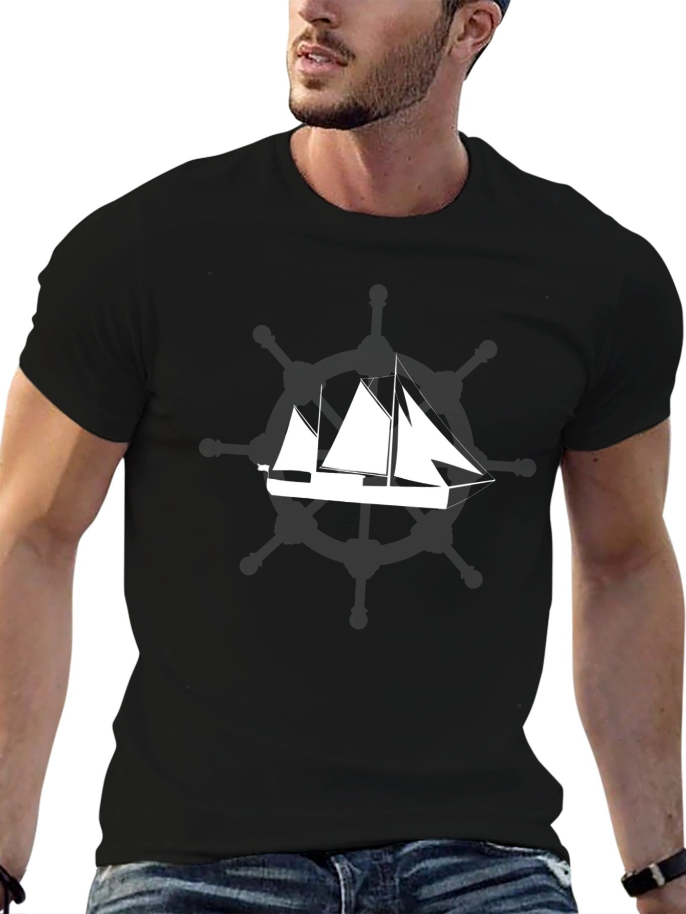 Mens Black T-Shirt with Sailboat Graphic