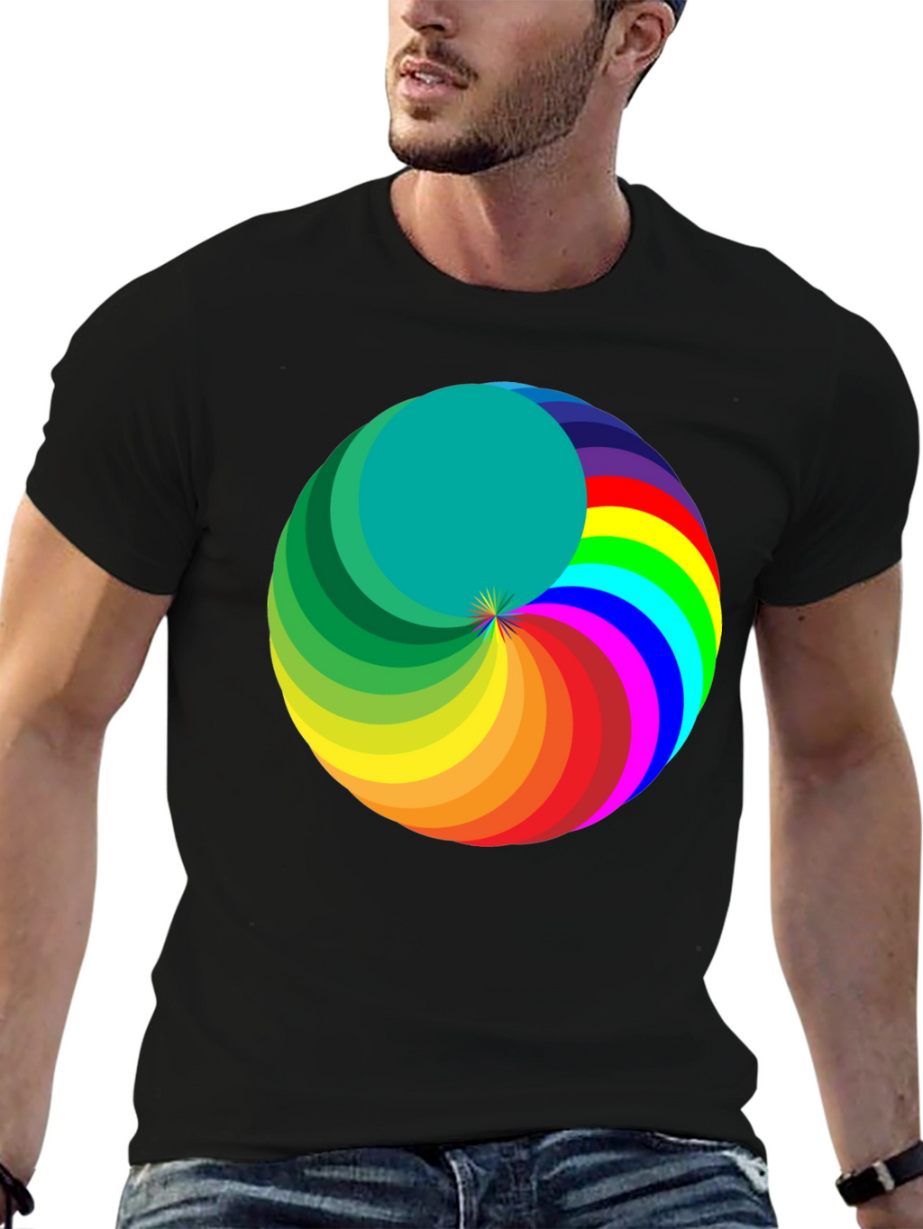 Rainbow Swirl Graphic Tee - Modern Mens Black T-Shirt