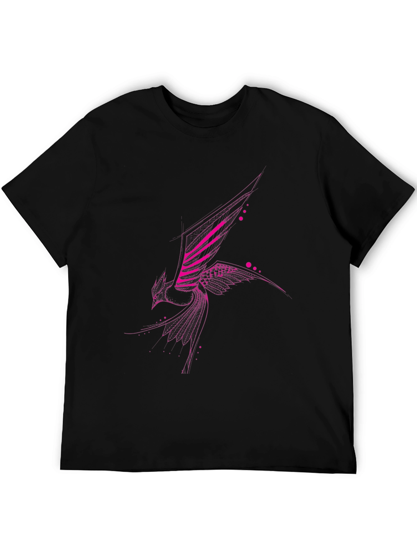 Geometric Pink Bird Print Black T-Shirt