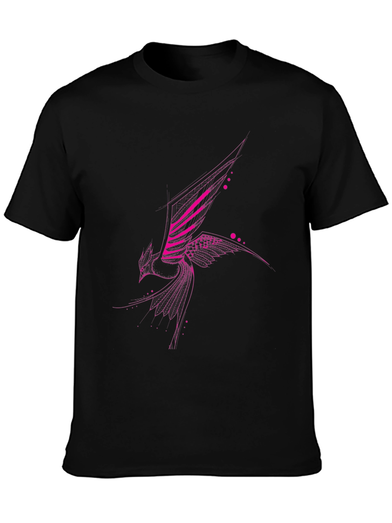 Geometric Pink Bird Print Black T-Shirt