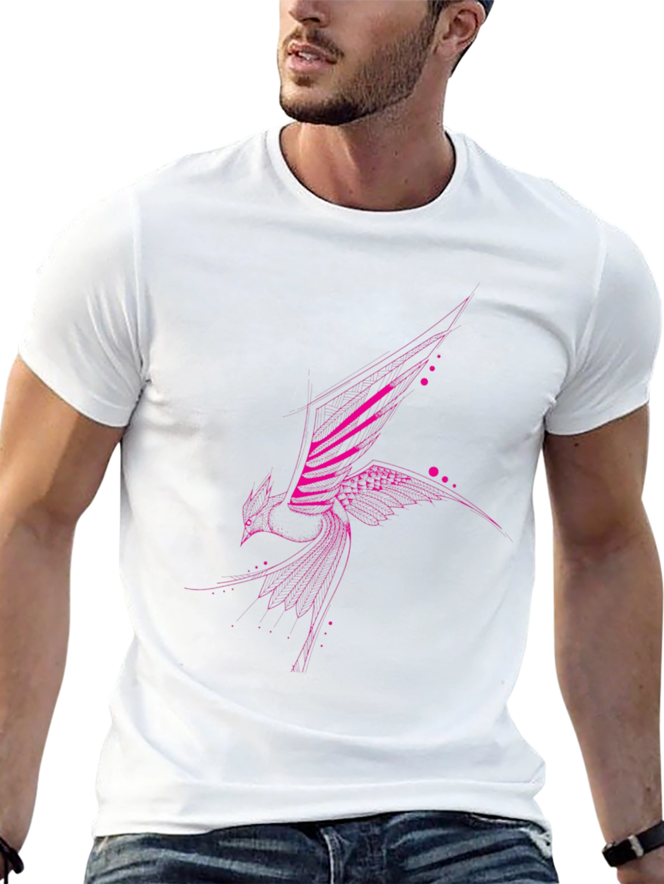 Geometric Pink Bird Print Black T-Shirt