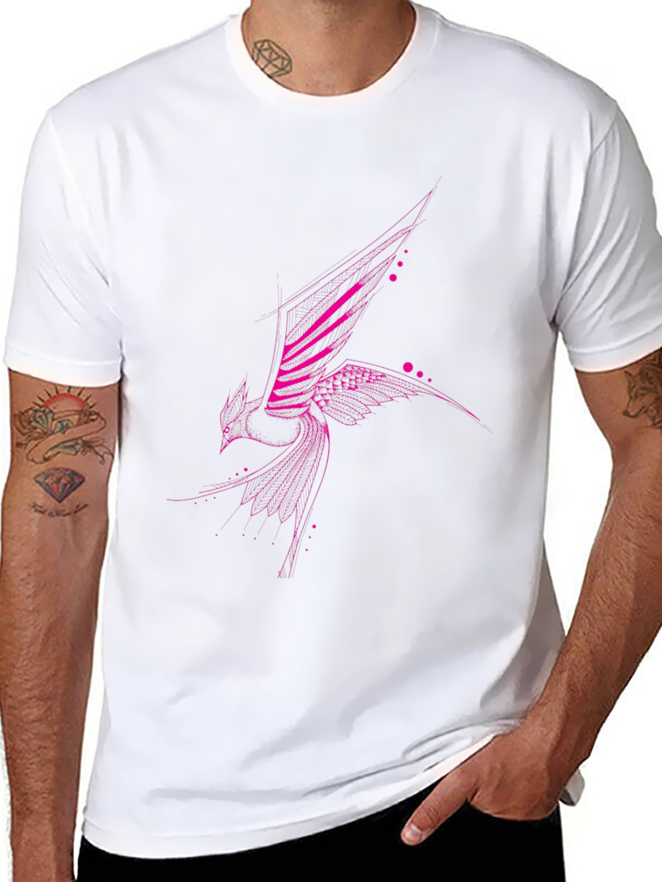 Geometric Pink Bird Print Black T-Shirt