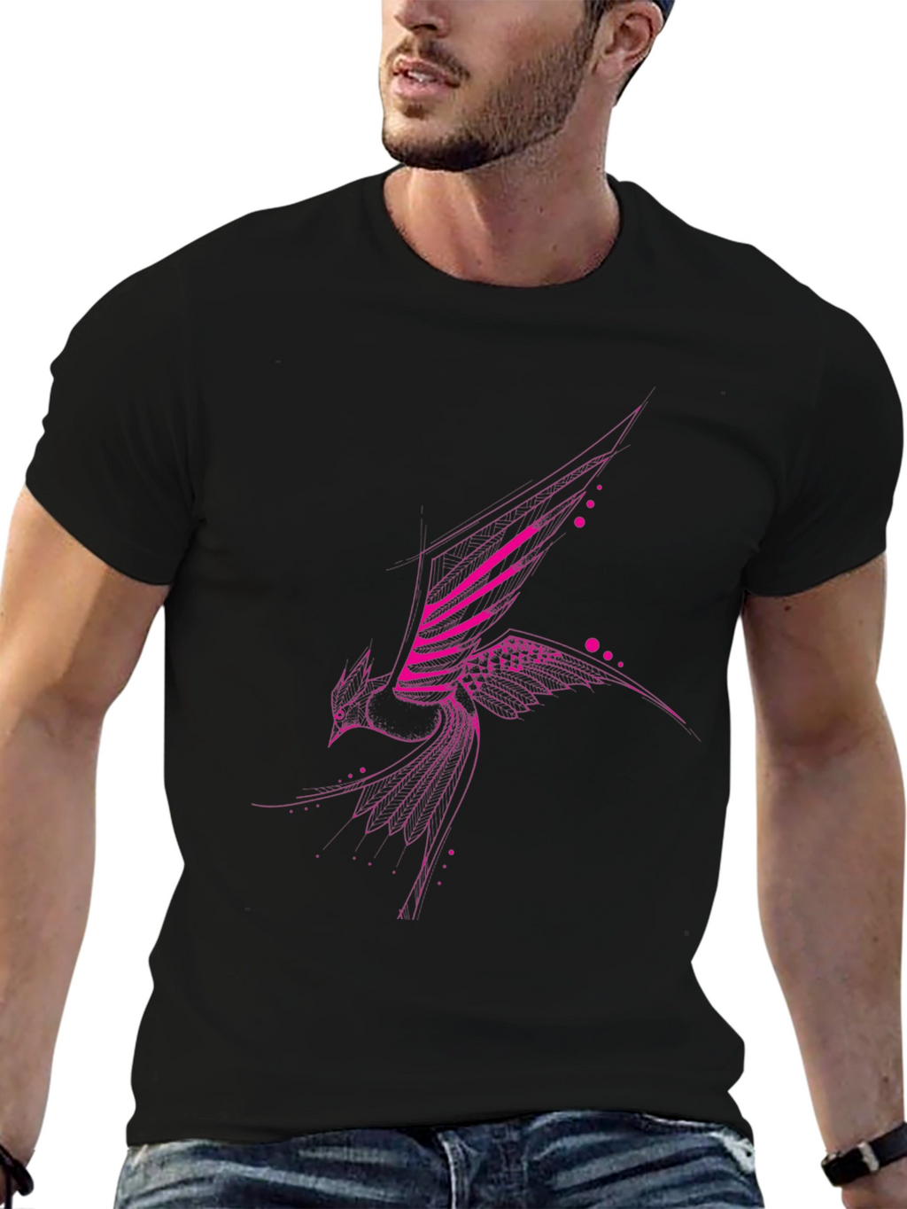 Geometric Pink Bird Print Black T-Shirt