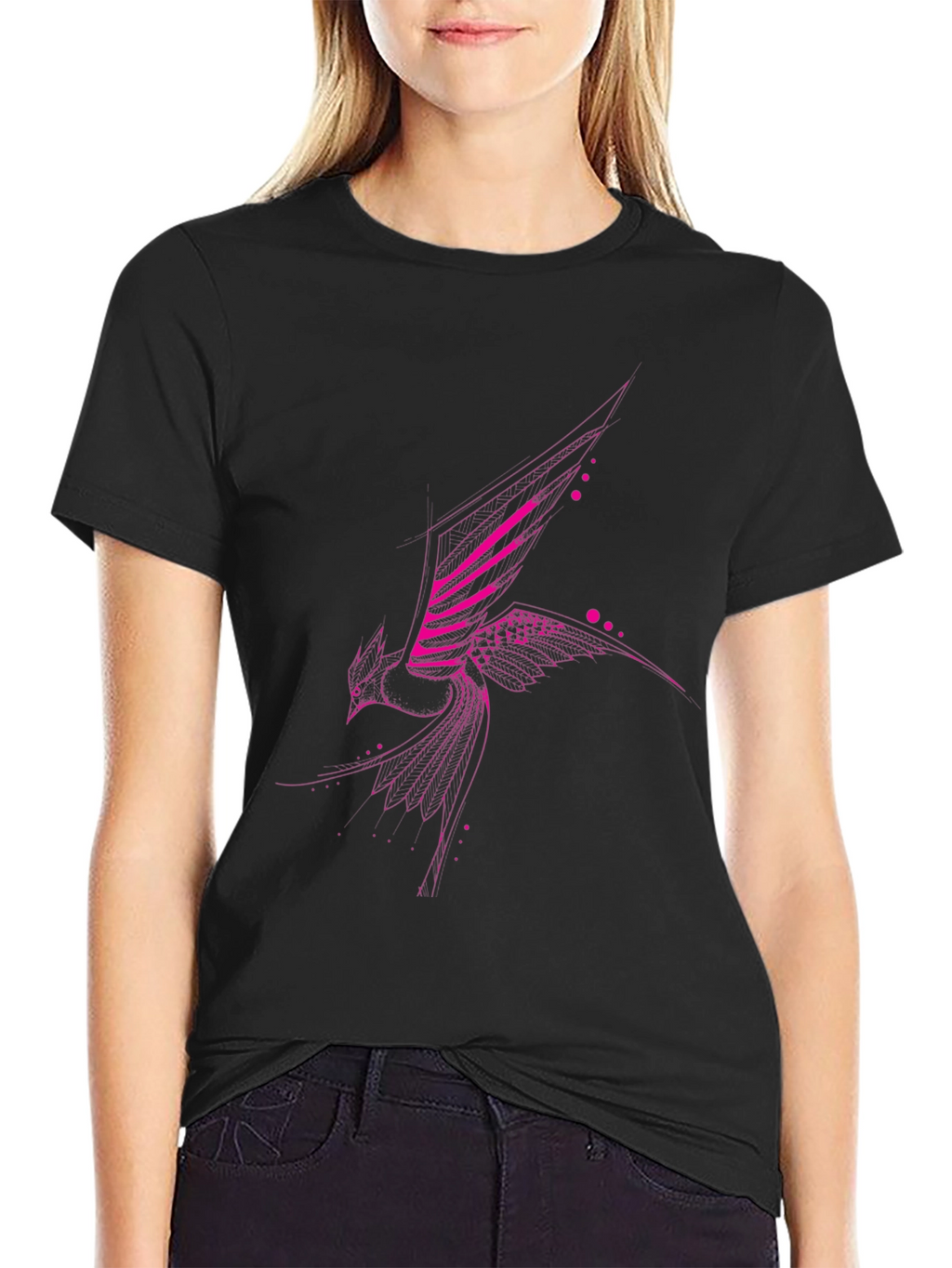 Geometric Pink Bird Print Black T-Shirt