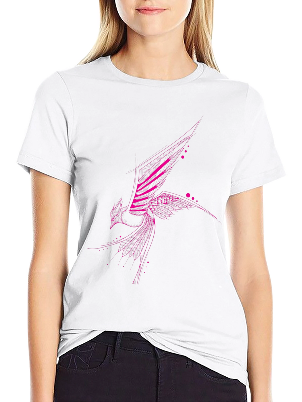 Geometric Pink Bird Print Black T-Shirt