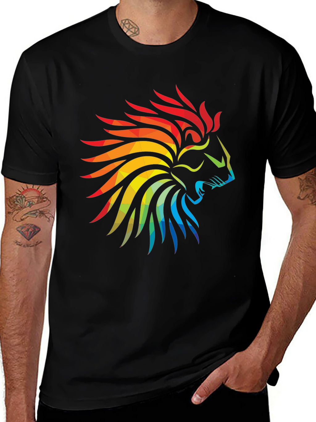 Geometric Lion Head Graphic Black T-Shirt