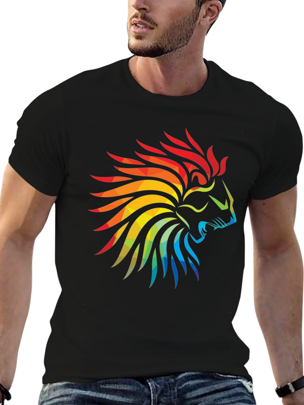 Geometric Lion Head Graphic Black T-Shirt